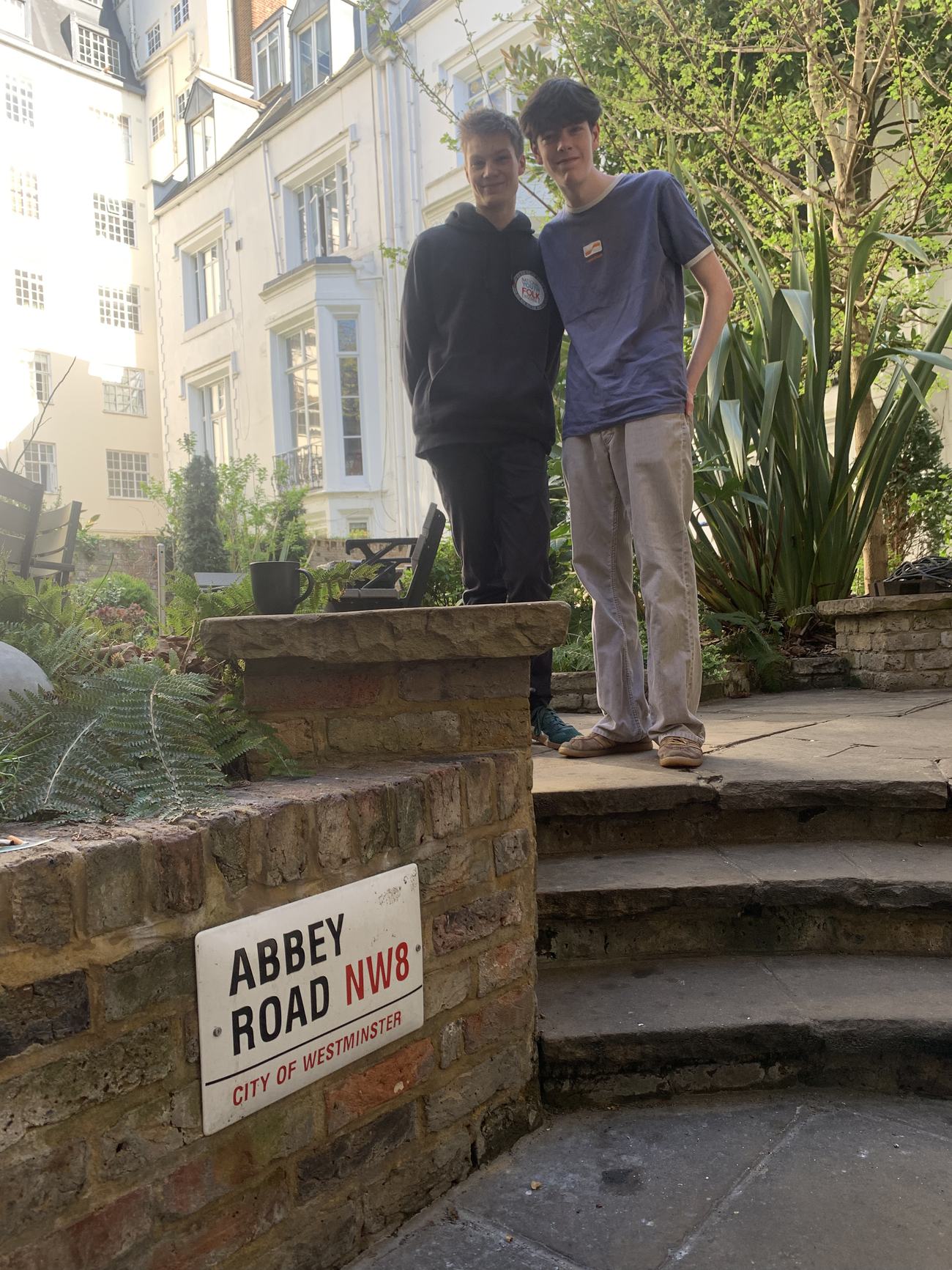 Ned & Matthew in the cafe garden at Abbey Road Studios